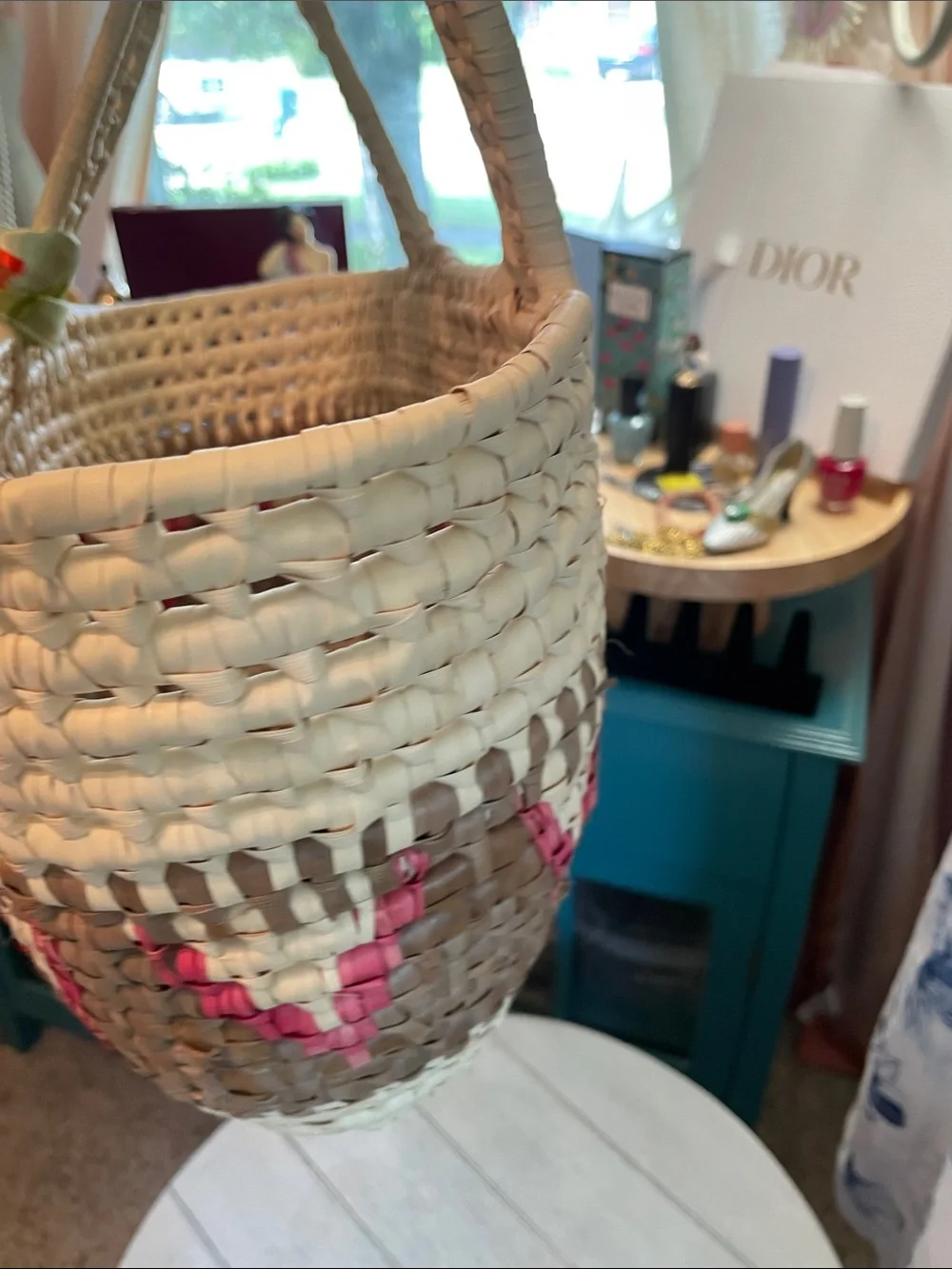 Woven Straw Tote Bag with Pink Accent and scarf